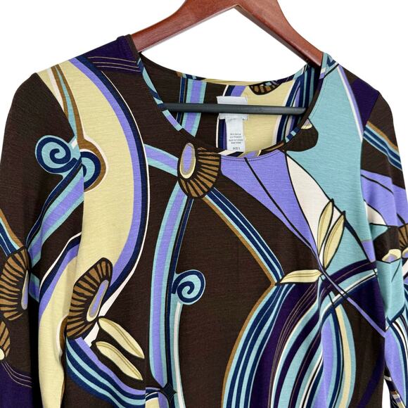 Chicos Sz MEDIUM 1 Stretchy Black Purple 3/4 Sleeve Blouse Shirt Top Abstract - Picture 3 of 7